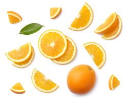 A set of slised orange isolated on white background. Top view.