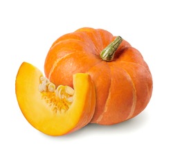 Whole pumpkin and slice of pumpkin isolated on white background.