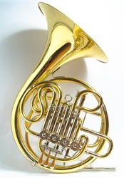 Yellow full double Bb\F French horn brass wind musical instrument on a white background
