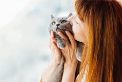 Close up of lovely middle-aged redhead woman kissing gray cat. 