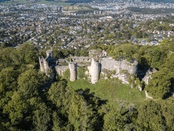 Aerial view of the Dorneck Castle ruins in Dornach town, Canton Solothum near Basel, Switzerland