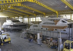 Italy, Fiumicino (Rome), Boatyard, luxury yachts under construction