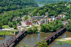 Aerial view of Harpers Ferry, West Virginia seen from Maryland Heights Overlook