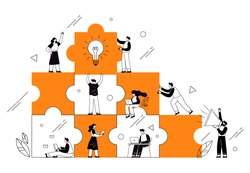 The concept of joint teamwork, building a business team. Vector illustration of working characters, people connecting pieces of puzzles. Metaphor of cooperation and business partnership.
