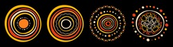 Stylized sun set. Australian art. Aboriginal painting style. Smooth round shapes, circles isolated on black background. Doodle sketch style. Color vector illustration.