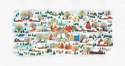 Winter or Christmas landscape, fairy tale town, colorful tale houses, people having fun celebration on New Year's eve. Wonderland, Christmas village , Winter Holidays. New Year or Christmas Card