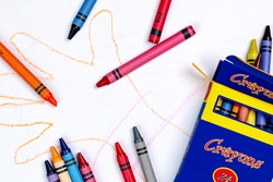 A Child's Crayon Drawing of a Hand with Generic Crayons and a generic Crayon Box.