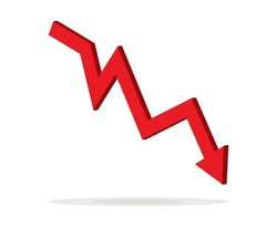 Red 3d arrow going down stock icon on white background. Bankruptcy, financial market crash icon for your web site design, logo, app, UI. graph chart downtrend symbol.chart going down sign.