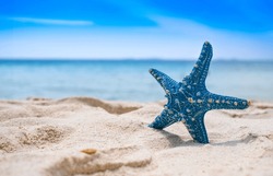 Starfish on beach sand background for summer vacation concept. Beach nature and summer seawater with sunlight light sandy beach Sparkling sea water 