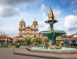 Inca Fountain and Iglesia de la Compania de Jesus Church at Plaza de Armas (Main Square) - Cusco, Peru
