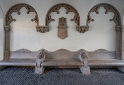 Stone Bench and Coat of Arms at the Old Town Hall - Bratislava, Slovakia