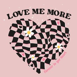 slogan graphic with daisies inside checkered heart, vector illustration, for t-shirt graphic.