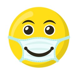 Yellow emoticon and emoji smile in the medical mask, flat vector illustration