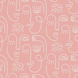 One line drawing abstract face seamless pattern. Continuous line background, minimalism art, woman and man faces. Modern fashionable print. Cubism artwork trendy minimalism style. Single linear people