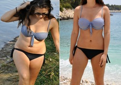 Real before and after weight loss photo of woman's body in bikini. Unprofessional, amateur natural before and after photos, which can be used as illustrative for advertising slimming products