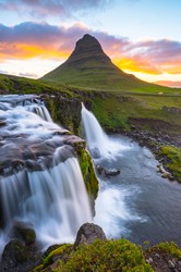Kirkjufell and its waterfall, Iceland. Famous rravel destination in iceland. Landscape and nature photography