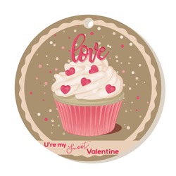 Cupcake with vanilla cream and pink sugar lettering and hearts for Valentines day. Greeting card, tag or sticker for Sweet Valentine. Vector illustration. Holiday Collection.