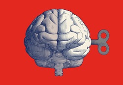 Monochrome blue vintage engraved drawing human brain with wind up key in front view point vector illustration isolated on red background retro style