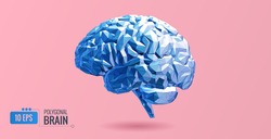 Abstract bright blue low polygonal human brain side view vector illustration isolated on pink background