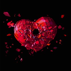 Polygonal broken heart with shot hole in action on dark background