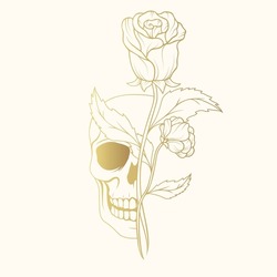Hand drawn golden skull and rose vector illustration in vintage style  for t-shirt design, textile, bags, cards and covers.