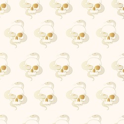 Skulls and snakes. Hand drawn golden witchcraft seamless pattern. Vector illustration in vintage style  for t-shirt design, textile, bags and wrapping paper.