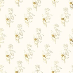 Hand drawn seamless golden pattern with skull with roses. Floral horror gold texture in vintage style  for wrapping paper, t-shirt design, fabrics and other uses.