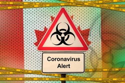 Canada flag and Covid-19 biohazard symbol with quarantine orange tape. Coronavirus or 2019-nCov virus concept