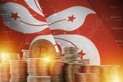 Hong kong flag and big amount of golden bitcoin coins and trading platform chart. Crypto currency concept