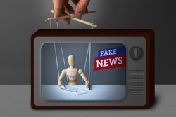 Fake News on TV. The correspondent as the doll controls the puppeteer. Lying information to trick people on TV.