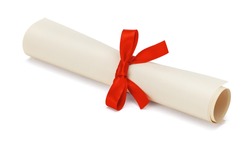 Diploma, scroll of paper with red bow isolated on white background.