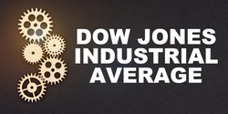 Business and industry concept. On a black background, gears and the inscription - Dow Jones Industrial Average