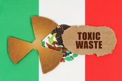 The concept of industry and radiation. On the flag of Mexico, the symbol of radioactivity and torn cardboard with the inscription - Toxic waste