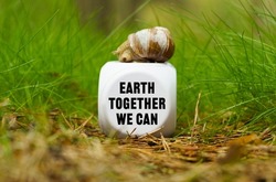 Ecological concept. On the green grass there is a white cube with a snail, on the cube there is an inscription - Earth Together We Can