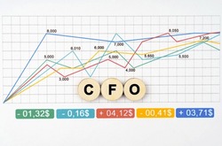 Business concept. On the business chart are wooden circles with the inscription - CFO