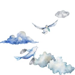 Flying bird and fish watercolor illustration, seagull. A flying bird over the sea. Clouds, fantasy clipart on a white background