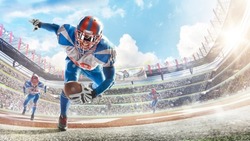 Touchdown in football. Young agile american football player running fast towards goal line. Sportsman in action. Sports emotions. Fans
