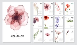 2021 calendar template on a botanical theme. Calendar design concept with abstract seasonal flowers. Set of 12 months 2021 pages. Vector illustration