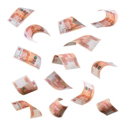 5000 rubles flying on white background. Russian banknotes at different angles.