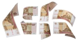 100 Rubles flying on white background. Russian banknotes at different angles.