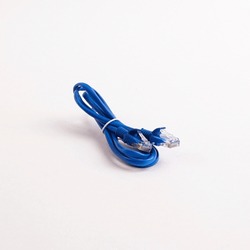 A blue communication cable with a connector for connecting to the Internet.