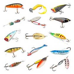 different fishing baits isolated on white background