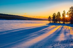 Beautiful winter landscape in Lapland, north of the Arctic Circle, January, Finland