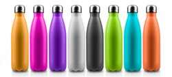 Close-up of colorful reusable, steel thermo water bottles, isolated on white background. Zero waste. Say no to plastic disposable bottle. Environment concept.