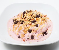 Vegan food. Close-up of homemade ice cream on white background.