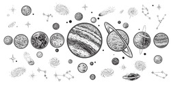 Planets and space hand drawn vector illustration. Solar system with satellites, constellations, galaxy and celestial bodies. Linear art with, engraging style.