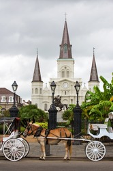 Horsedrawn carriages on Jackson square with St Louis cathedral, New Orleans