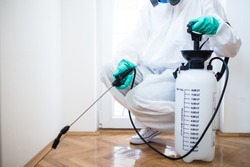 Exterminator in workwear spraying pesticide with sprayer