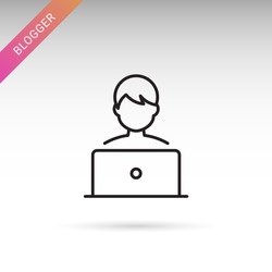 Blogger, laptop user thin line isolated flat vector icon
