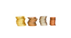 Multiple coins stacked on each other in different positions,objects isolated on white background
